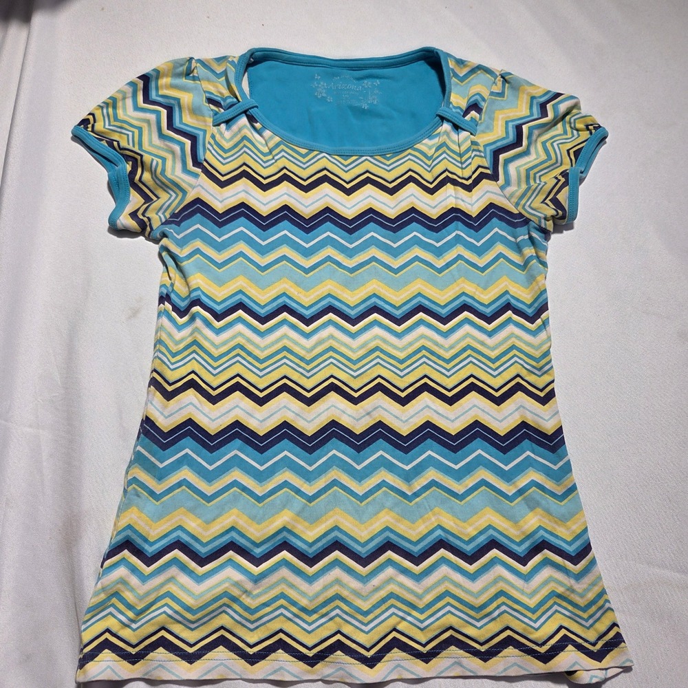 Arizona Jean Company Girls Blue Yellow Chevron Zigzag T-Shirt Size L‎ 14/16
